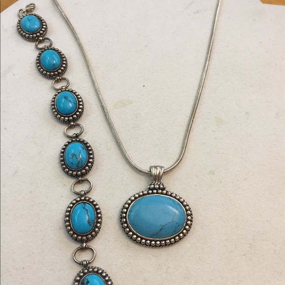 Beautiful 925 Han sterling Silver turquoise bracelet and necklace set - Picture 6 of 7